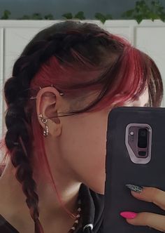 pink hair, dutch braids, curtain bangs short Short Hair With Curtain Bangs Dyed, Short Hair With Pink Underneath, Dutch Braids With Curtain Bangs, Short Dutch Braids, Dutch Braid With Bangs, Short Hair With Bangs Dyed, Red And Pink Split Dye, Pink Hair Curtain Bangs, Pink Hair Underneath Brown