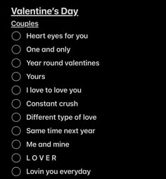 valentine's day checklist with two hearts and one word that says, i love you