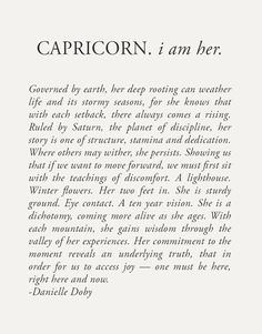 an open book with black and white writing on the page, which reads capricorn i am her