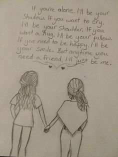 two girls holding hands and looking at each other with a message written in the background