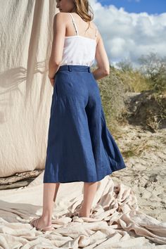 "Wide, sweeping culottes tailored from Lithuanian softened linen fabric boast an airy, skirtlike silhouette that's both easy and chic. FABRIC: 100% softened Lithuanian linen COLOR: Please choose the desired color from the side menu. STYLE: Softened linen culotte pants with belt, folds on the front and side pockets. They also have a zipper on the front. SIZE CHART: 2 US/ 6 AU/ 34 EU: Bust 31.5\" (80 cm) , Waist 23\" (59 cm), Hips 35\" (88 cm) 4 US/ 8 AU/ 36 EU: Bust 33\" (84 cm) , Waist 25\" (63, Wide Linen Pants, Pants For Woman, Pants With Belt, Culotte Pants, Linen Color, Wide Leg Linen Pants, Style Change, Linen Skirt, Secret Pants