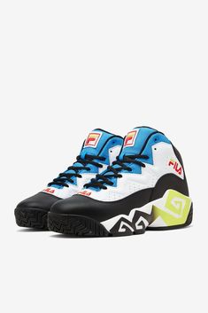 Dynamic Red Basketball Shoes For Streetwear, Lace-up Basketball Shoes With Red Sole For Streetwear, High-top Blue Basketball Shoes With Red Sole, Yellow High-top Basketball Shoes For Streetwear, Fila Basketball Shoes, Mens Lifestyle