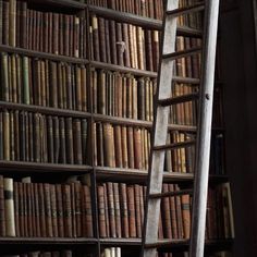 an old ladder leaning up against a bookshelf filled with lots of bookcases