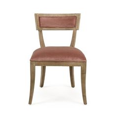 a wooden chair with pink upholstered seat and back cushion on an isolated white background