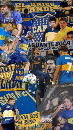 a collage of soccer players and fans in blue and yellow shirts with their names on them