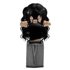 an image of a female doll with black hair and grey pants on it's head