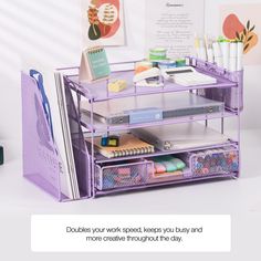 the purple desk organizer is organized with pens and notebooks on it's shelf