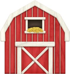 a red barn with a window that has some food in it