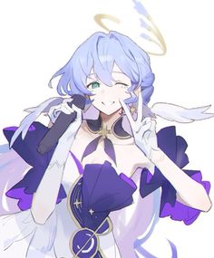 an anime character with blue hair and purple dress holding a cell phone to her ear