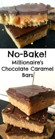 no bake chocolate caramel bars are stacked on top of each other