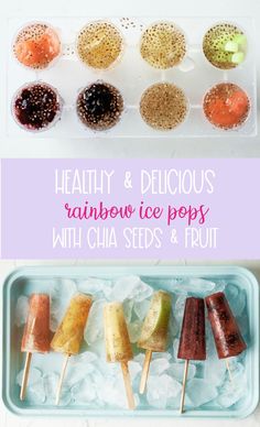 healthy and delicious rainbow ice pops with chia seeds and fruit on the side in plastic containers