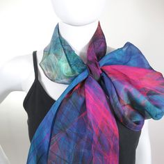 "Silk Chiffon Scarf in Blue/Magenta/Multicolor. Vivid colors fade from purple to magenta to blue.  You won't believe the vivid colors on this scarf!  This is a procedural design, drawn with an animated digital brush.   This lightweight, sheer silk chiffon drapes beautifully and is amazingly smooth and luxurious to the touch, feels lovely to wear. * Digitally printed original design * 100% silk chiffon. * Approx. 70\" x 16\" (approx. 182cm x42cm) * Machine hemmed * Dry clean only * Iron on medium Festival Scarves, Ombre Scarf, Scarf Summer, Silk Chiffon Scarves, Light Silk, Chiffon Shawl, Summer Scarf, Unique Gifts For Women, Summer Scarves