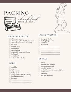 the packing checklist is shown in black and white, with an image of a woman sitting