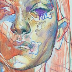 a drawing of a woman's face with different colored lines and shapes on it