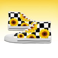 Women's Hi-Top Sneakers Black and Yellow Checkerboard Sunflower, High Top Sunflower Shoes, Women's Sunflower shoes, Unique High-Top Sneakers Sunflower Shoes, Womens High Top Shoes, Style Converse, Shoes Unique, Converse Style, Cute Pillows, Sneaker Games, Hi Top, Black And Yellow