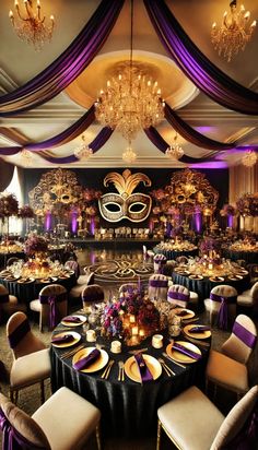 a banquet hall with tables, chairs and chandeliers set up for an event