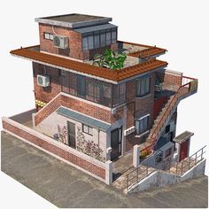 ArtStation - Studio Vertex Korean Rooftop House, Korean Rooftop House Ideas, Korean House Plan, Modern Korean House Exterior, Japanese Apartment Exterior, Japanese Apartment Building, Japanese Townhouse