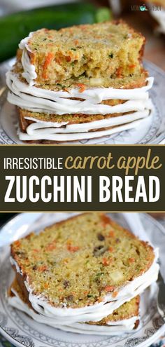 two slices of carrot apple zucchini bread stacked on top of each other with the title overlay