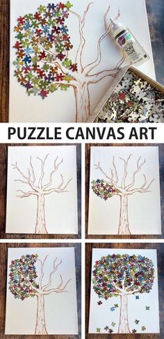 the process to make a puzzle canvas art tree is shown in four different pictures, including one