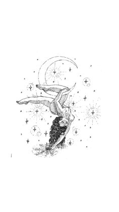 an ink drawing of a woman in the air with stars and moon above her head