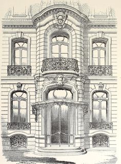 an old drawing of a building with many windows and balconies on the front