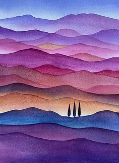 watercolor painting of mountains and trees in the distance with purple hues on them