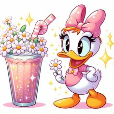 a cartoon duck next to a drink with flowers in it