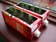 two red boxes filled with plants sitting on top of a window sill