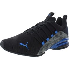 a black and blue sneaker with mesh detailing on the upper part of the shoe