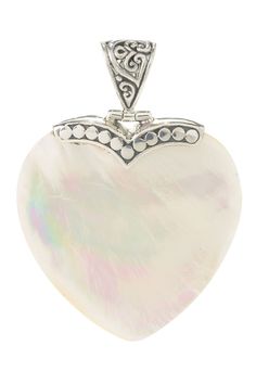 Sterling silver mother of pearl heart pendant. Approx. 1 15/16" L x 1 1/2" W. Imported White Heart-shaped Mother Of Pearl Jewelry, Valentine's Day Mother Of Pearl Jewelry, Mother's Day Silver Mother Of Pearl Jewelry, Silver Mother Of Pearl Jewelry For Mother's Day, Mother Of Pearl Silver Jewelry For Mother's Day, Angel Wing Pendant, Sterling Silver Heart Pendant, Pearl Heart, Silver Heart Pendant