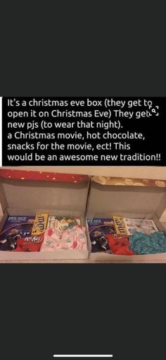 an open christmas eve box with candy in it and the caption below that reads, it's a christmas eve they get to open it on christmas eve