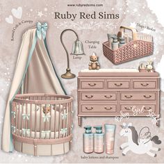 a baby's nursery room with pink furniture and accessories