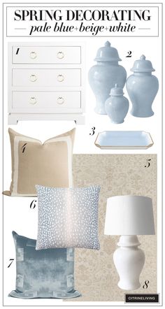 a blue and white color scheme for the spring decorating palette, including pillows, lamps,