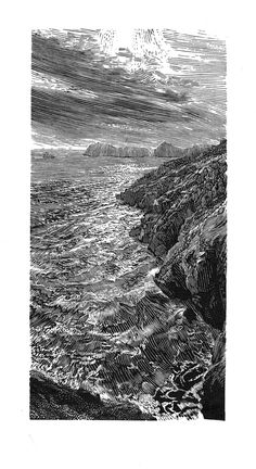 an ink drawing of the ocean with waves coming in to shore and mountains in the distance