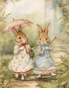 two rabbits are walking in the woods with umbrellas on their heads and one is holding an umbrella