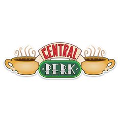 the central perk logo with two cups of coffee in front of it on a white background