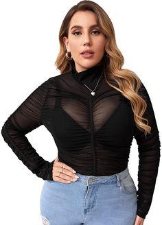 Mock Neck Black Sheer Mesh Long Sleeve Plus Size Blouse Polyamide, Elastane Pull On closure Plus sheer mesh tshirt tops without bra Fabric: Fabric is very stretch, soft and comfortable Without Bra, Plus Size Blouse, Winter Knit Hats, Mesh Long Sleeve, Boot Accessories, Plus Size Blouses, Winter Knits, Sunglass Frames, Black Blouse