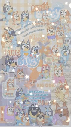 an image of cartoon character stickers on a sheet with stars and sparkles in the background