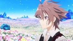 an anime character with long hair standing in front of a field of flowers and looking at the camera