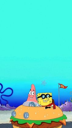 spongebob riding on top of a giant hamburger in the middle of an ocean