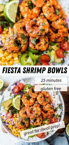 fiesta lime shrimp bowls with corn, avocado, onion, tomato, lime juice and cilantro Smoked Seafood, Creamy Cilantro Sauce, Fire Roasted Corn, Shrimp Bowls, Shrimp Bowl, Healthy Bowls Recipes, Fluffy Rice, Cilantro Sauce, Lime Shrimp