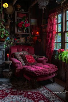 a living room filled with furniture and lots of flowers on the window sill next to a fire place