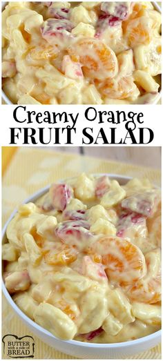 creamy orange fruit salad is shown in two different pictures, and the same image has been altered