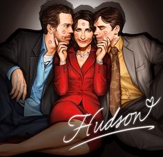 two men and a woman sitting next to each other with the words hudson on them