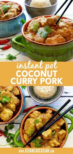 instant pot coconut curry pork in bowls with chopsticks and rice on the side