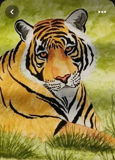 a painting of a tiger laying in the grass