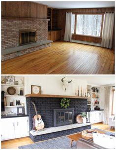 before and after pictures of a living room with wood flooring, fireplace, and built - in bookshelves