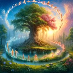 a painting of people standing in front of a tree with birds flying around it and the sun shining down