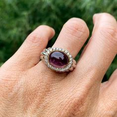 Estate Amethyst & Diamond Ring sold by Doyle and Doyle an antique and vintage jewelry boutique Luxury Oval Cabochon Diamond Ring, Luxury Formal Amethyst Ring, Oval Cabochon, Amethyst And Diamond Ring, Vintage Tiffany, Sapphire Diamond Ring, Enamel Ring, Art Deco Diamond, Sapphire Diamond, Oval Cabochon