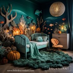 an ocean themed bedroom with fish and corals on the walls